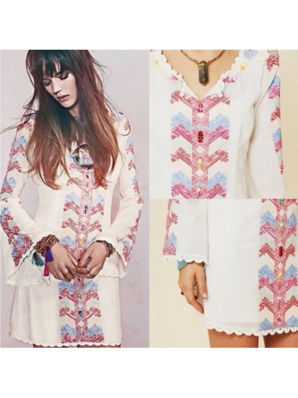 Free People Misty Meadow Embroidered flare sleeve Boho Dress size 4